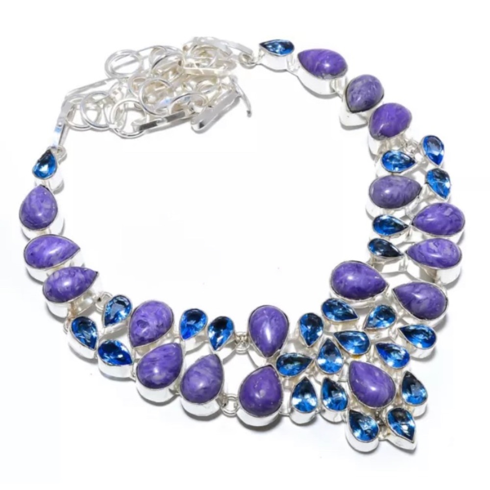 Russian Charoite Tanzanite Quartz SS Necklace